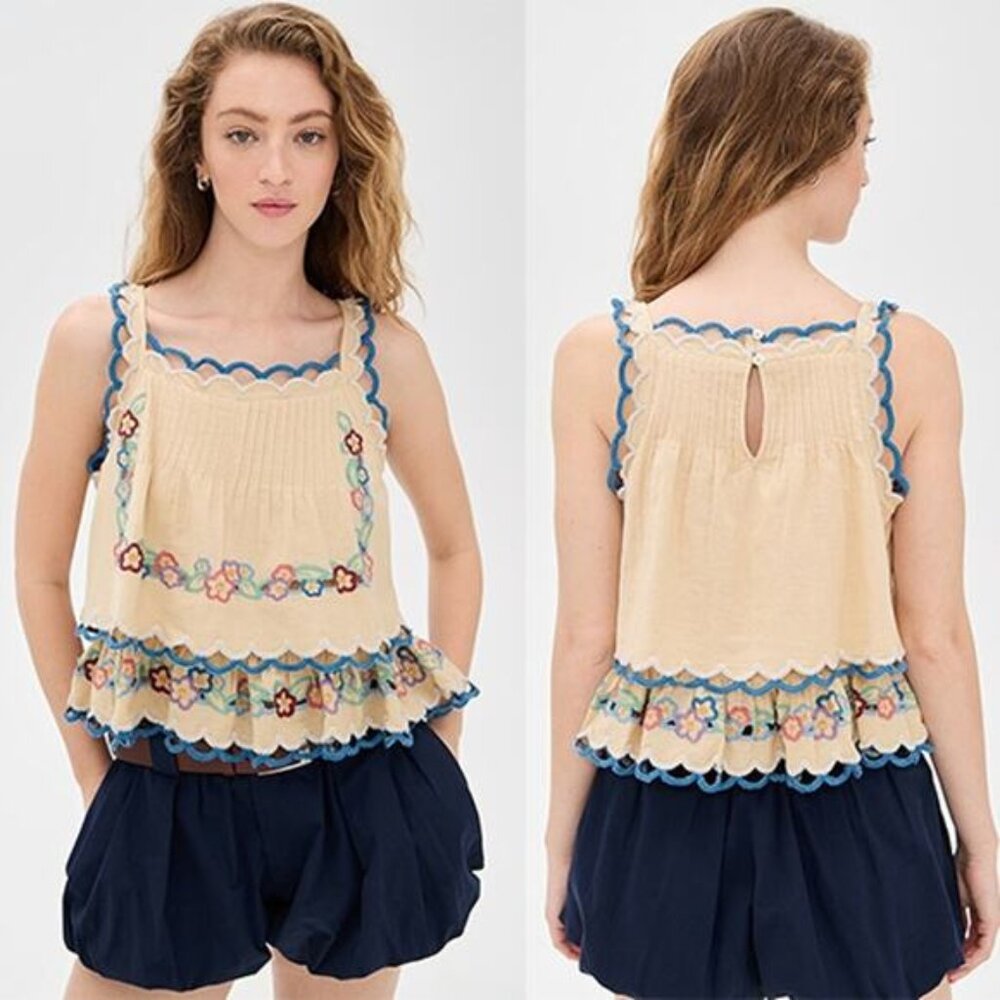 NWT Sea New York Melinda Floral Embroidery Pleated Scalloped Square-Neck Tank